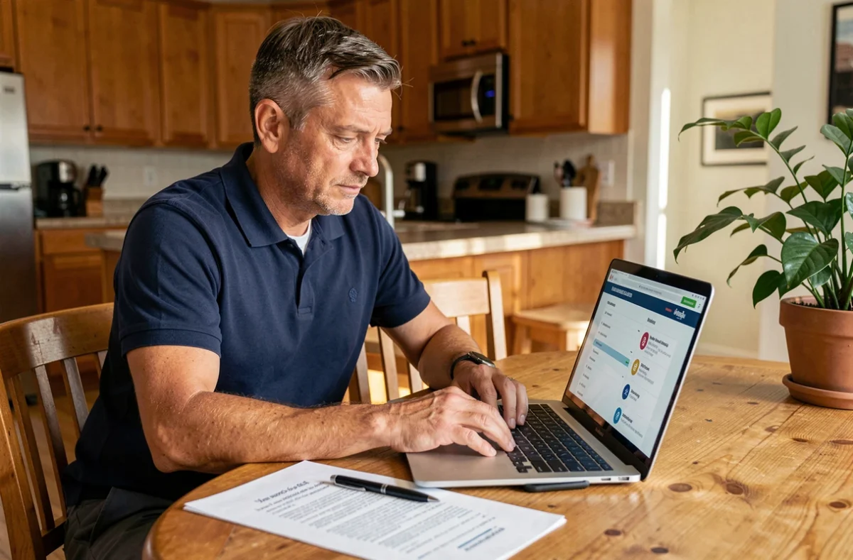 Homme comparant des offres d'assurance voiture sur ordinateur portable à la maison