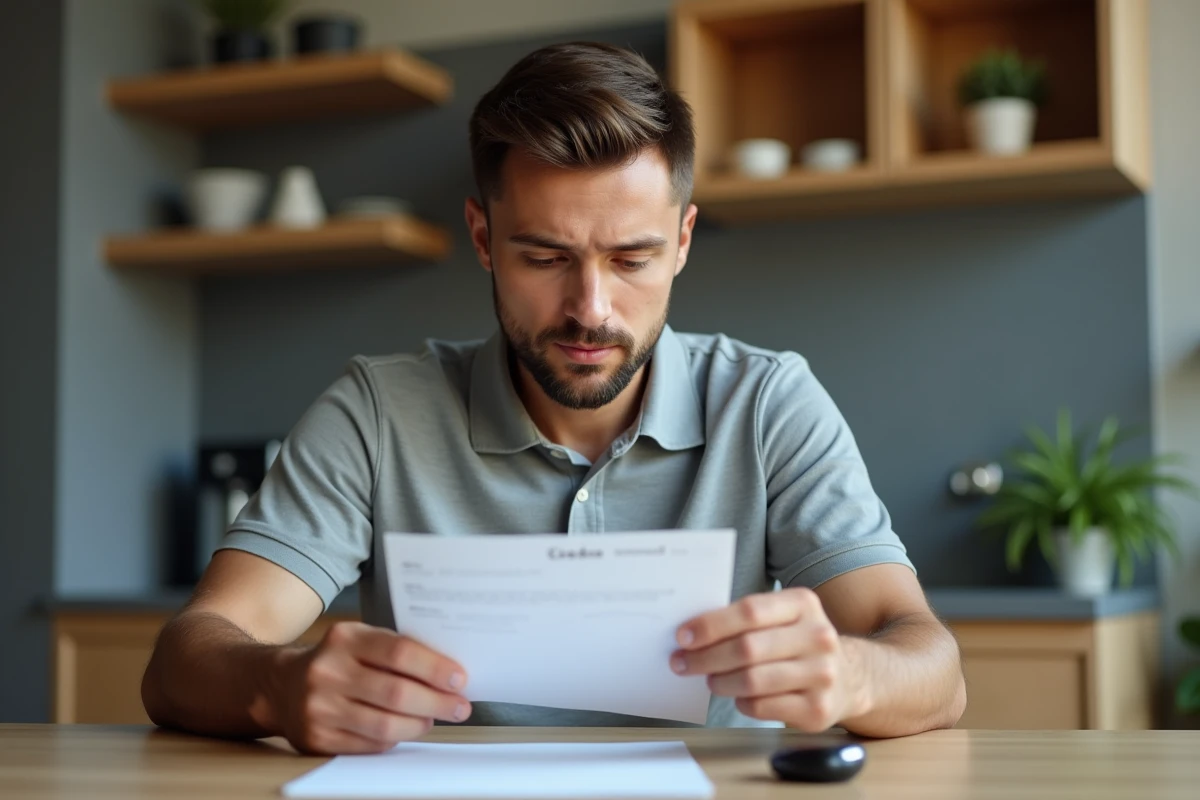 Homme concentré avec code et clé de voiture dans un intérieur moderne