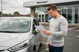 Homme examinant un contrat de leasing automobile devant une concession, illustration d'une offre voiture à 59 euros par mois sans apport