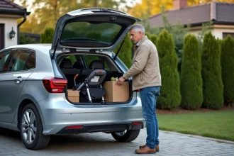 Homme d'âge moyen arrangeant des courses dans le coffre d'une voiture familiale