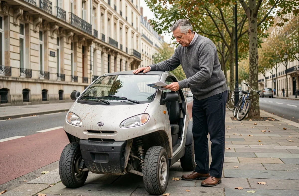 Homme examinant une voiture sans permis garée dans une rue de Nantes en automne