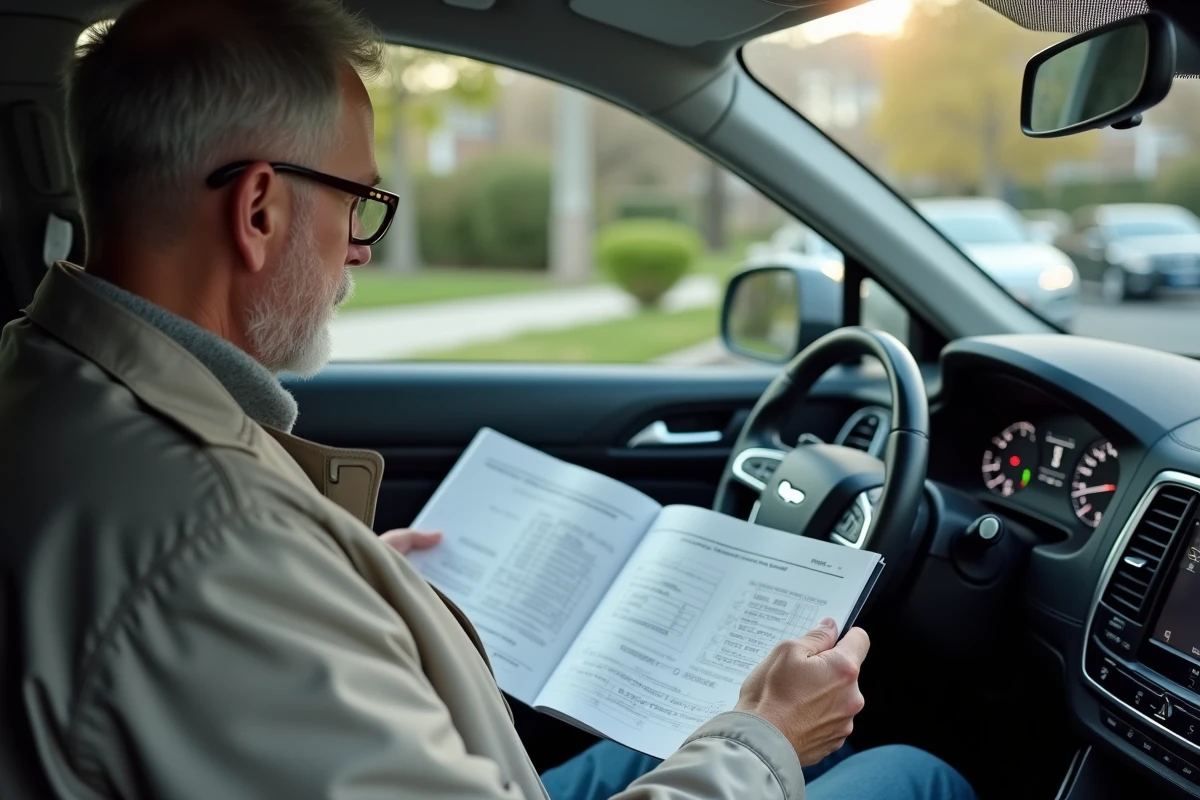 Homme lisant le manuel automobile à côté de sa voiture