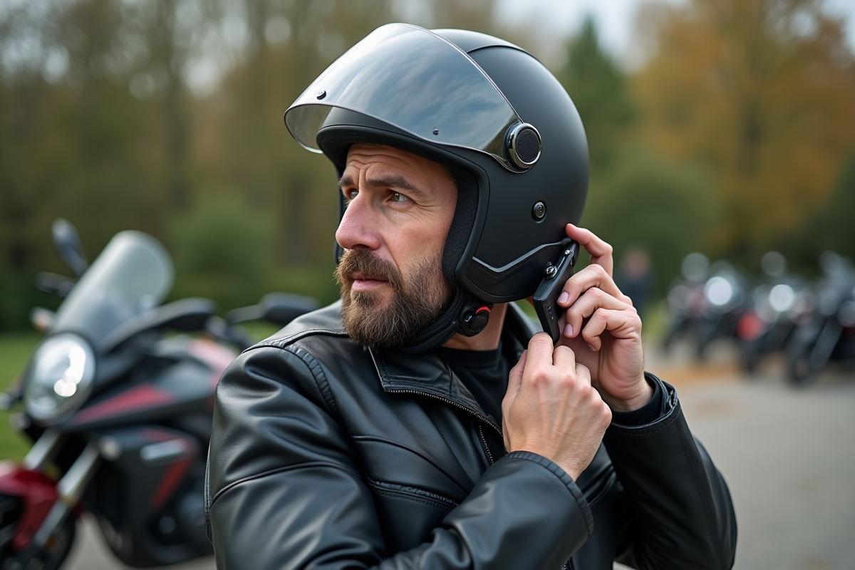 Motard ajustant son intercom sur son casque en extérieur