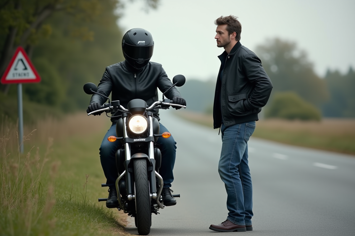 Homme en moto devant une route de campagne française