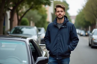 Homme avec veste en ville près d'une Nissan Silvia