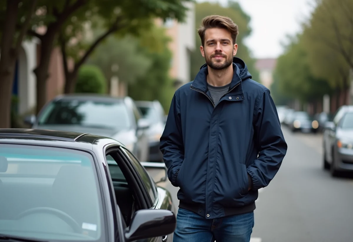 Homme avec veste en ville près d'une Nissan Silvia