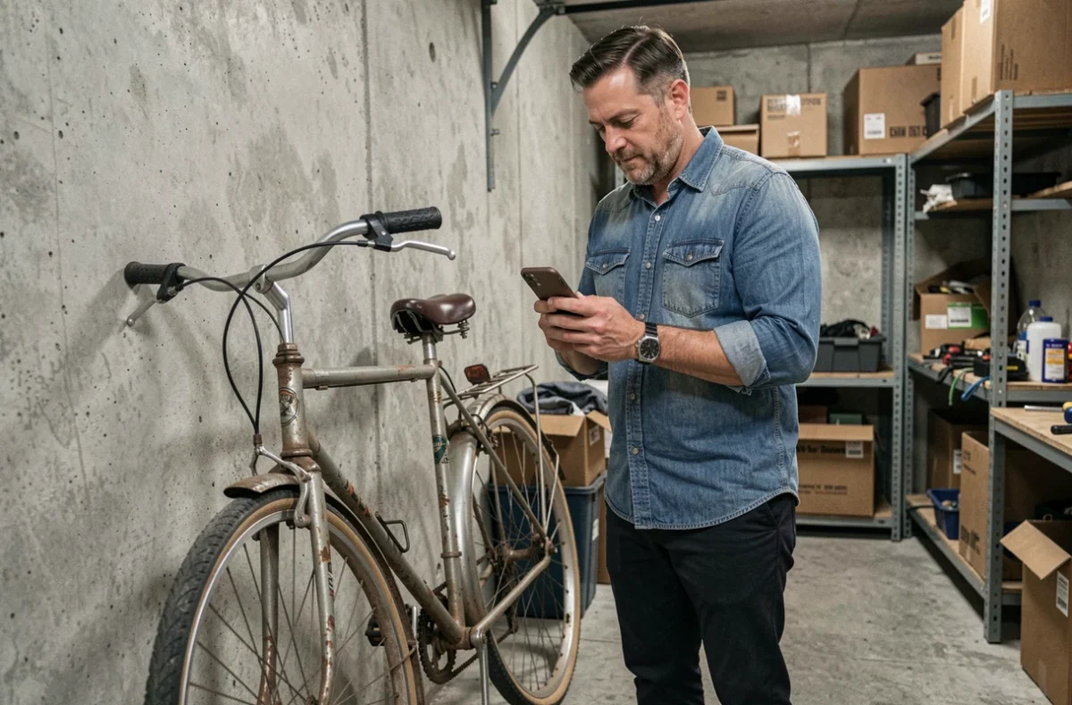 Homme photographiant un vélo d'occasion dans un garage pour déposer une annonce sur un site de vente entre particuliers