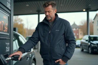 Homme faisant le plein de carburant à une station-service en France, regardant le prix affiché à la pompe