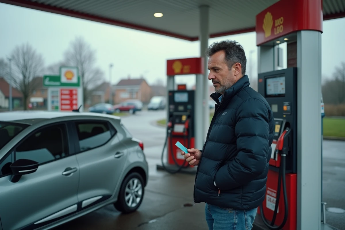 Homme à la pompe à essence consultant le prix du carburant pour estimer le coût de son trajet en voiture