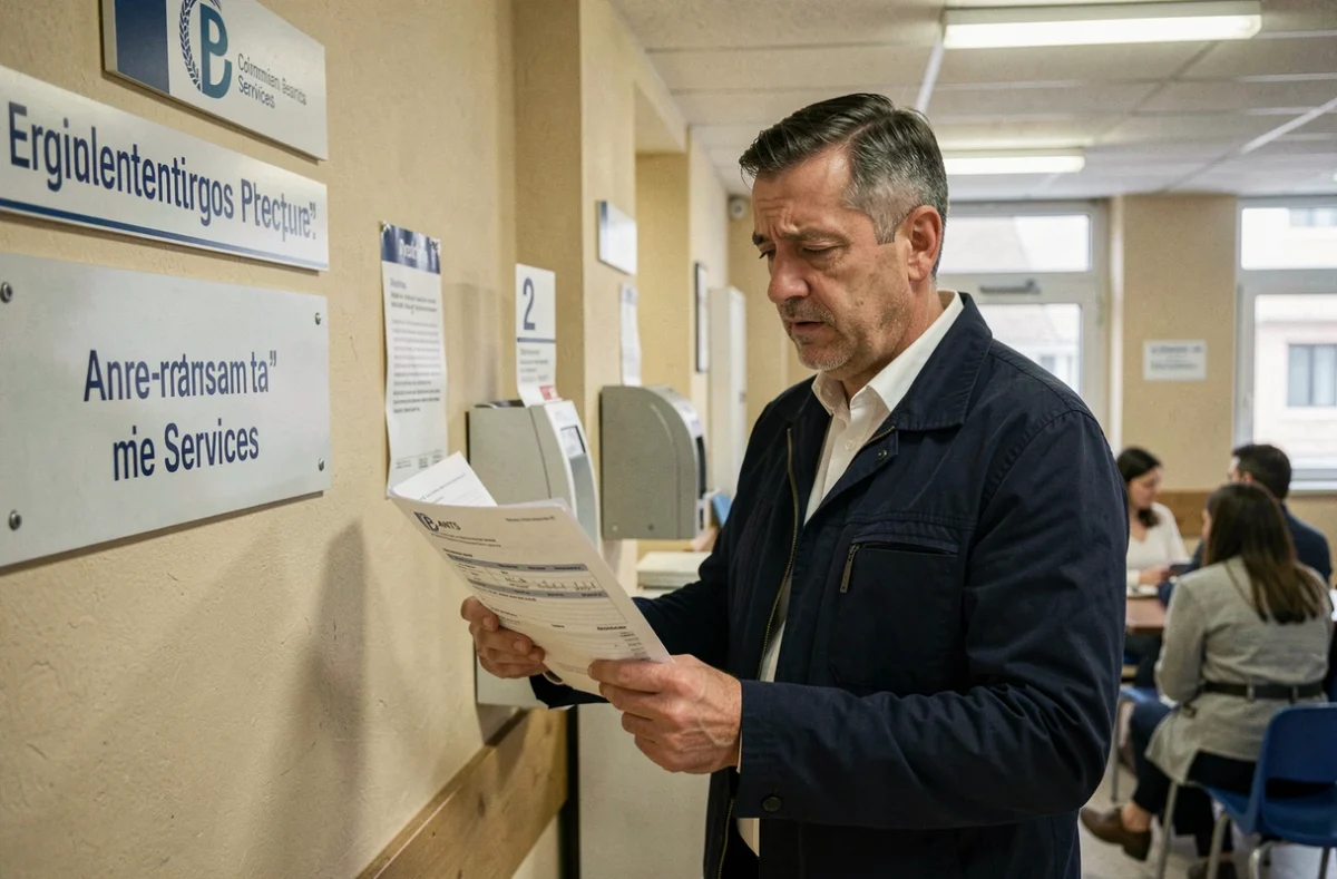 Homme tenant un formulaire ANTS dans une préfecture française, illustrant les démarches administratives pour le permis de conduire