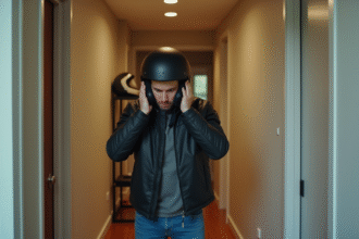 Jeune homme en ville retire son casque moto avec frustration