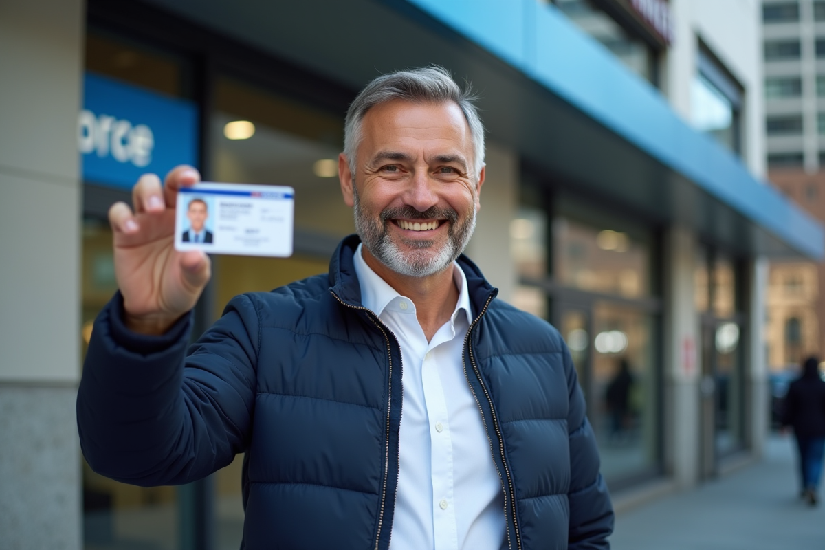 Homme souriant tenant son permis mis à jour devant la mairie
