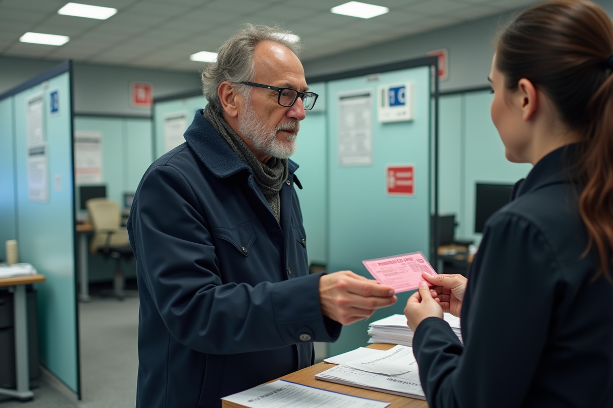 Homme remettant son permis de conduire à un agent administratif