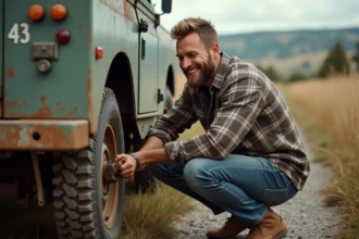 Homme barbu répare un Land Rover sale en pleine nature
