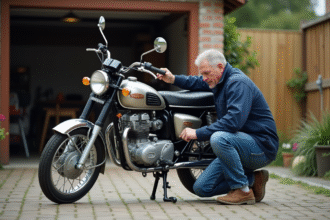 Homme en veste de travail vérifiant la chaîne d'une moto 125cc