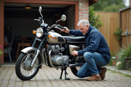 Homme en veste de travail vérifiant la chaîne d'une moto 125cc