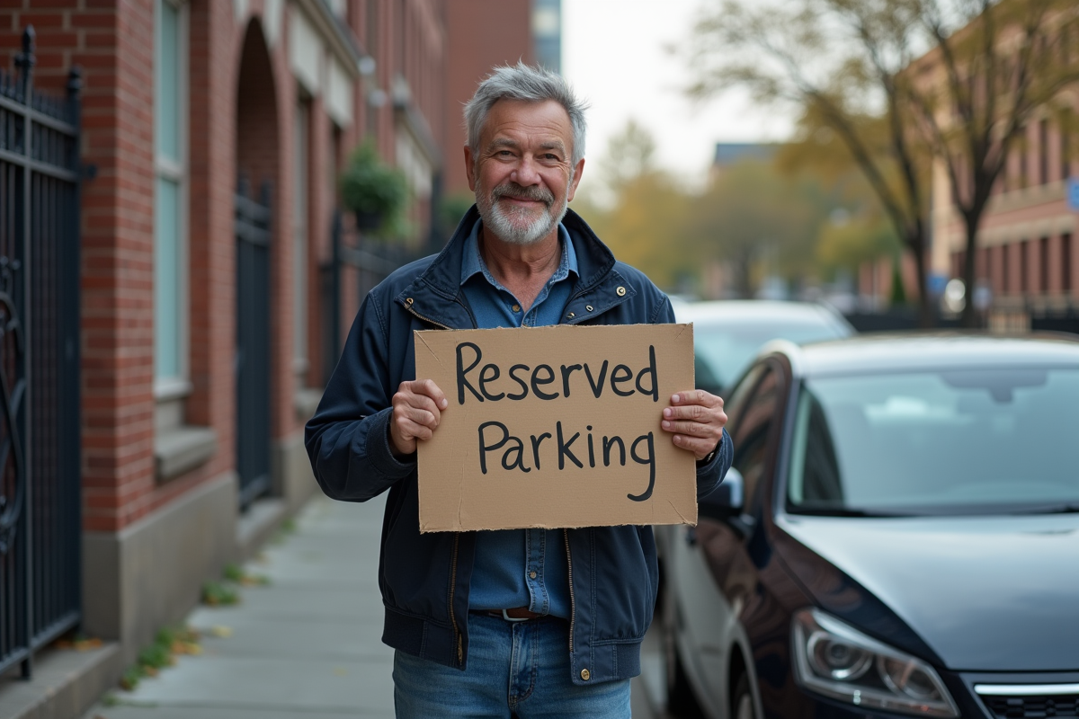 Homme avec panneau de stationnement réservé devant sa voiture