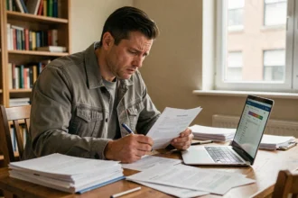 Homme stressé consultant des documents d'assurance scooter après une résiliation, assis à une table avec un ordinateur portable