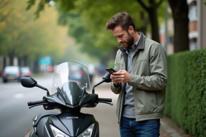 Homme en veste légère avec scooter TMax en ville