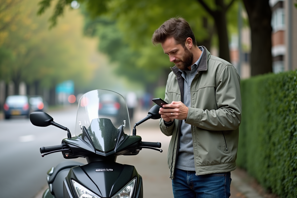 Homme en veste légère avec scooter TMax en ville