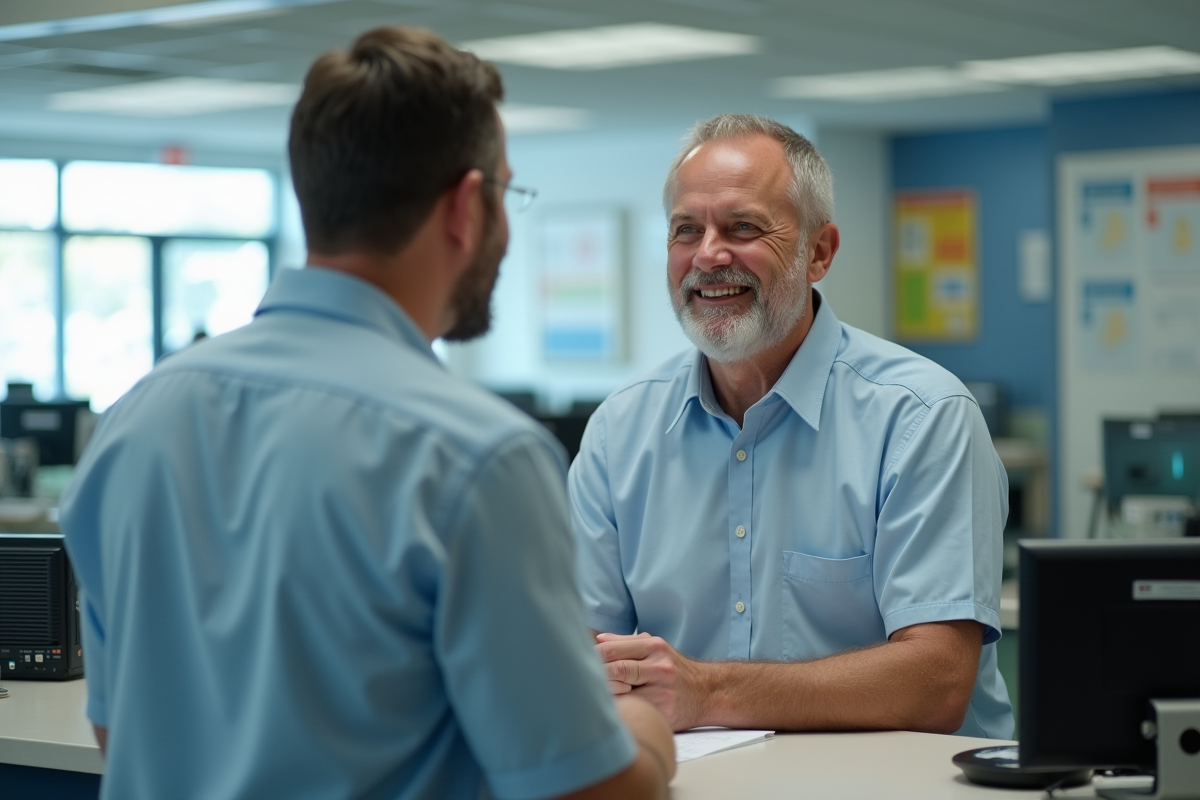 Homme discutant avec un agent administratif au guichet