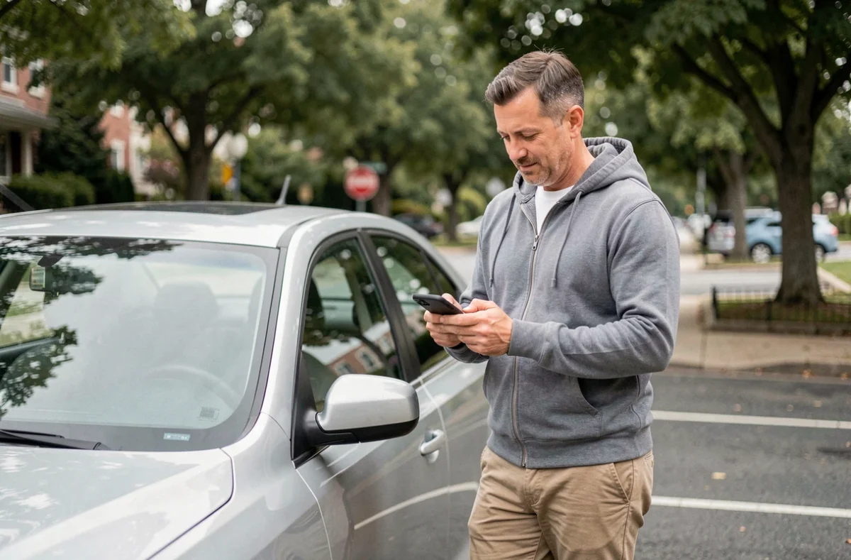 Homme utilisant son smartphone pour comparer des assurances auto près de sa voiture