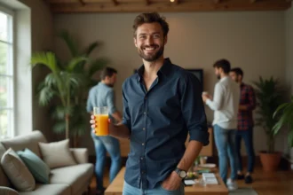 Homme souriant tenant un jus orange lors d'une soirée décontractée