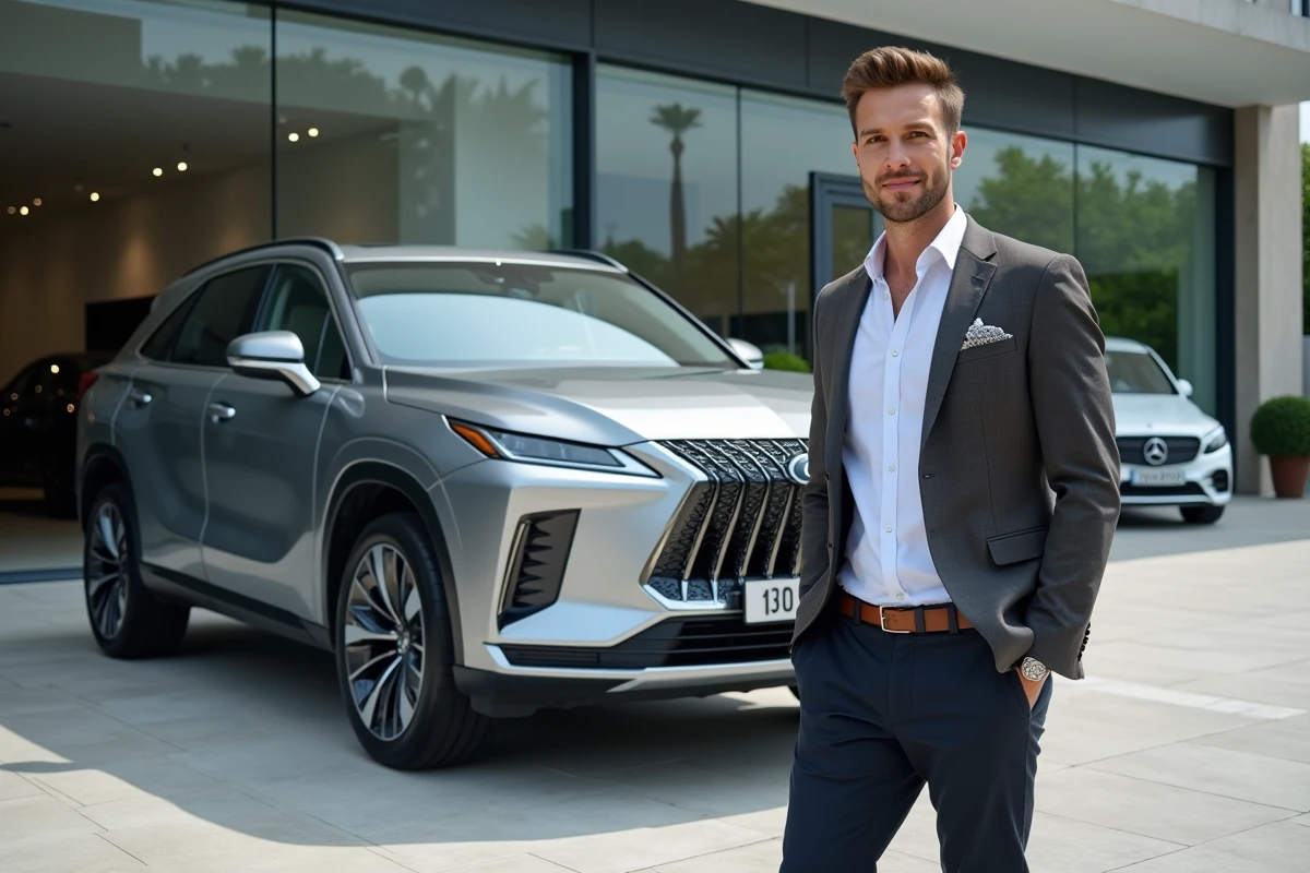 Homme élégant posant à côté d'un SUV luxe neuf