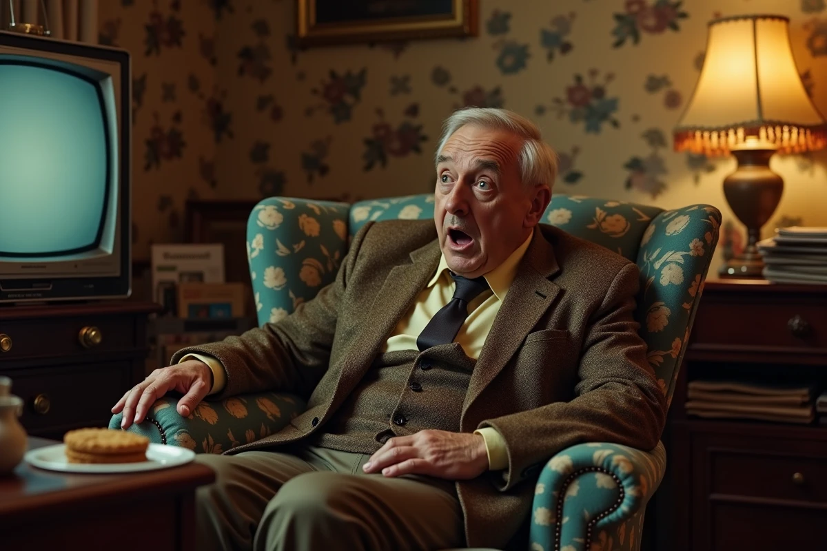 Homme en tweed avachi dans un fauteuil devant une vieille télévision dans un salon britannique encombré et nostalgique