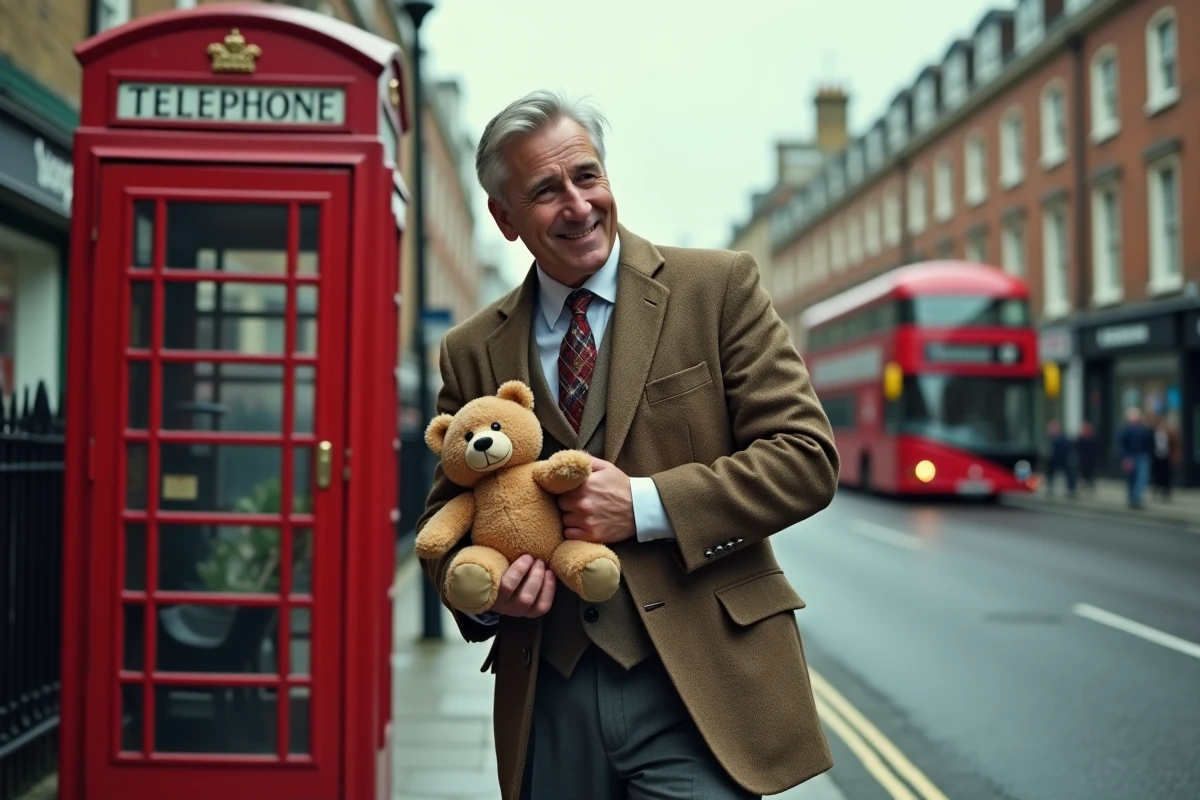 Homme en veste en tweed marron dans une rue londonienne tenant un ours en peluche près d'une cabine téléphonique rouge