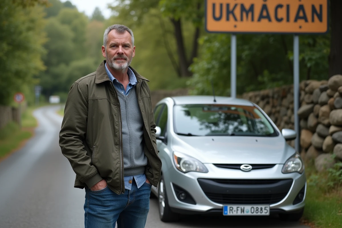 Homme ukrainien devant sa voiture en campagne française