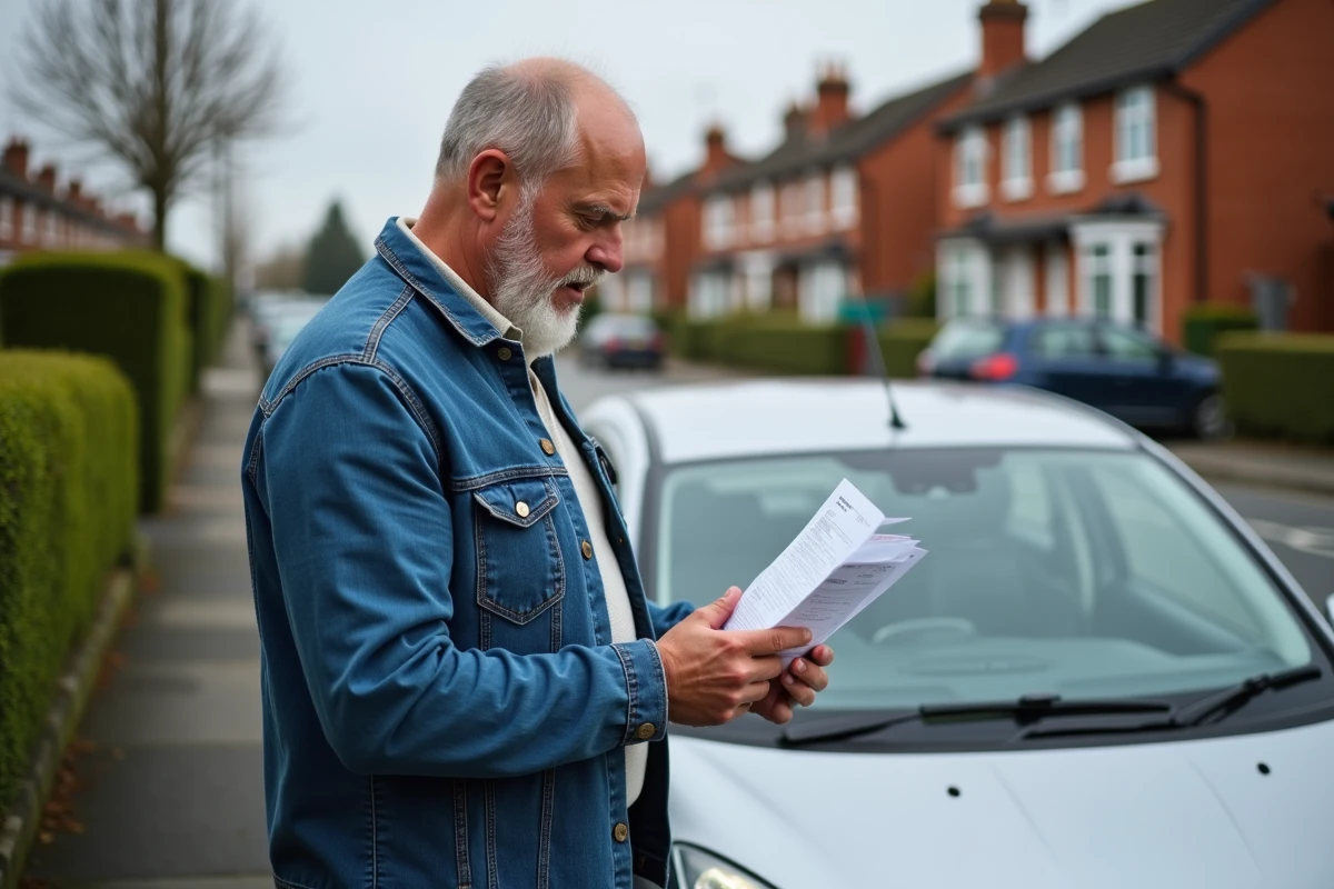 Homme vérifiant son document d'immatriculation voiture