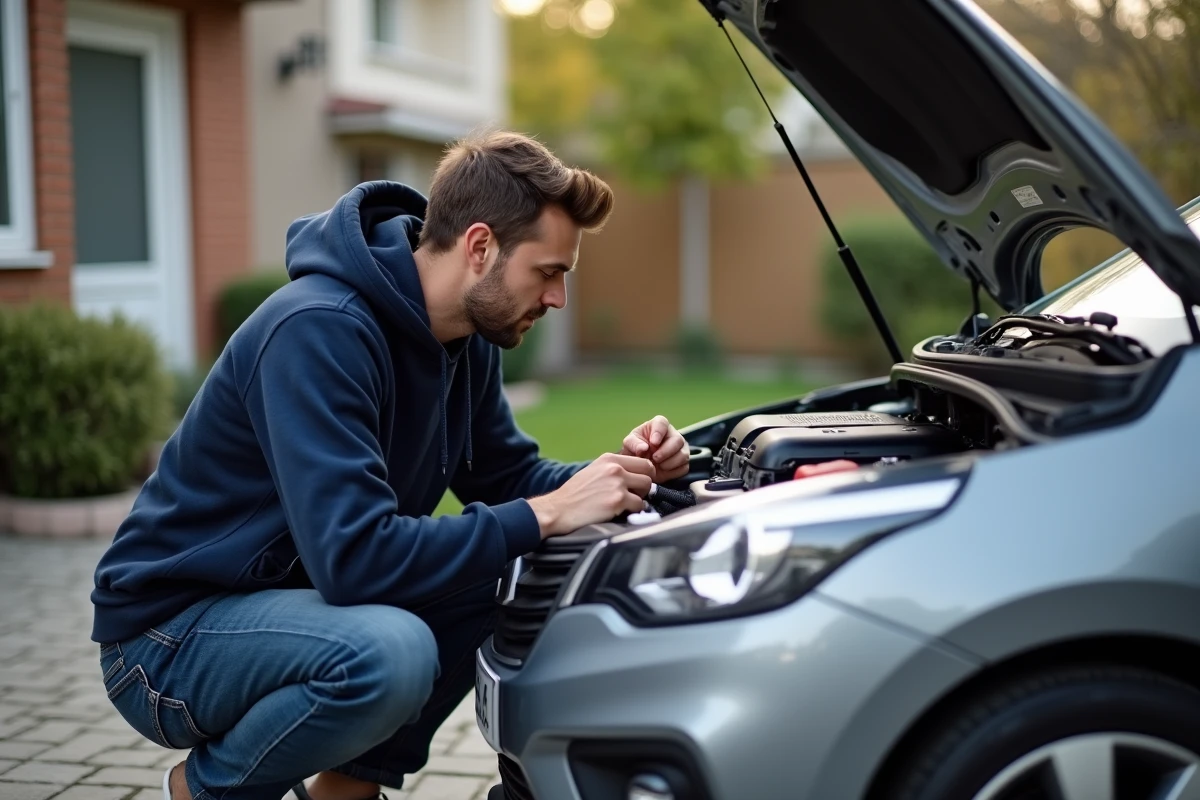 Homme vérifiant le moteur d'une voiture moderne en extérieur