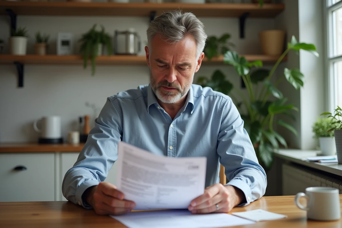 Homme d'âge moyen examinant son permis de conduire à la maison
