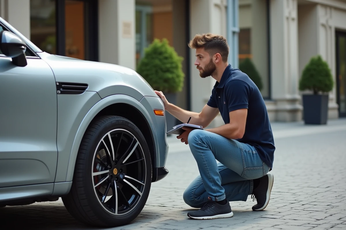 Jeune homme vérifiant le pneu d'une Porsche Cayenne dehors