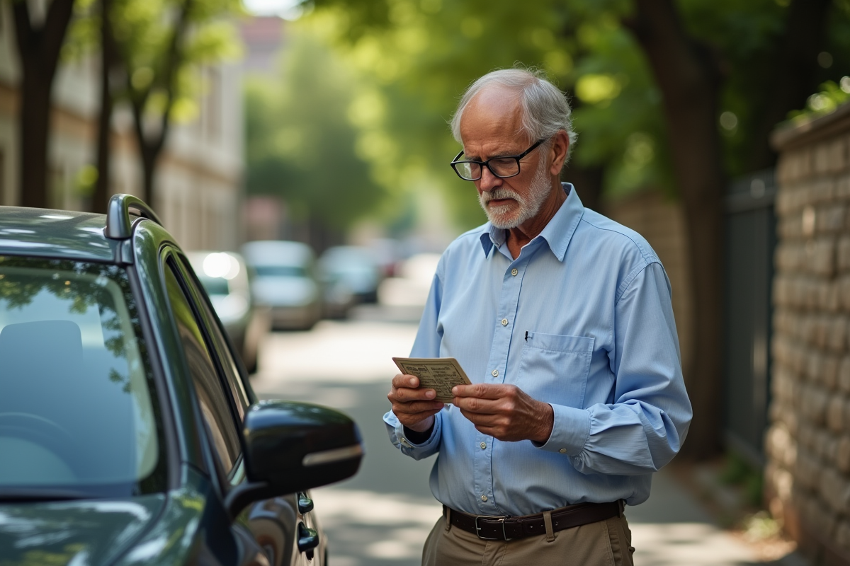 Homme âgé examinant un vieux permis de conduire devant sa voiture