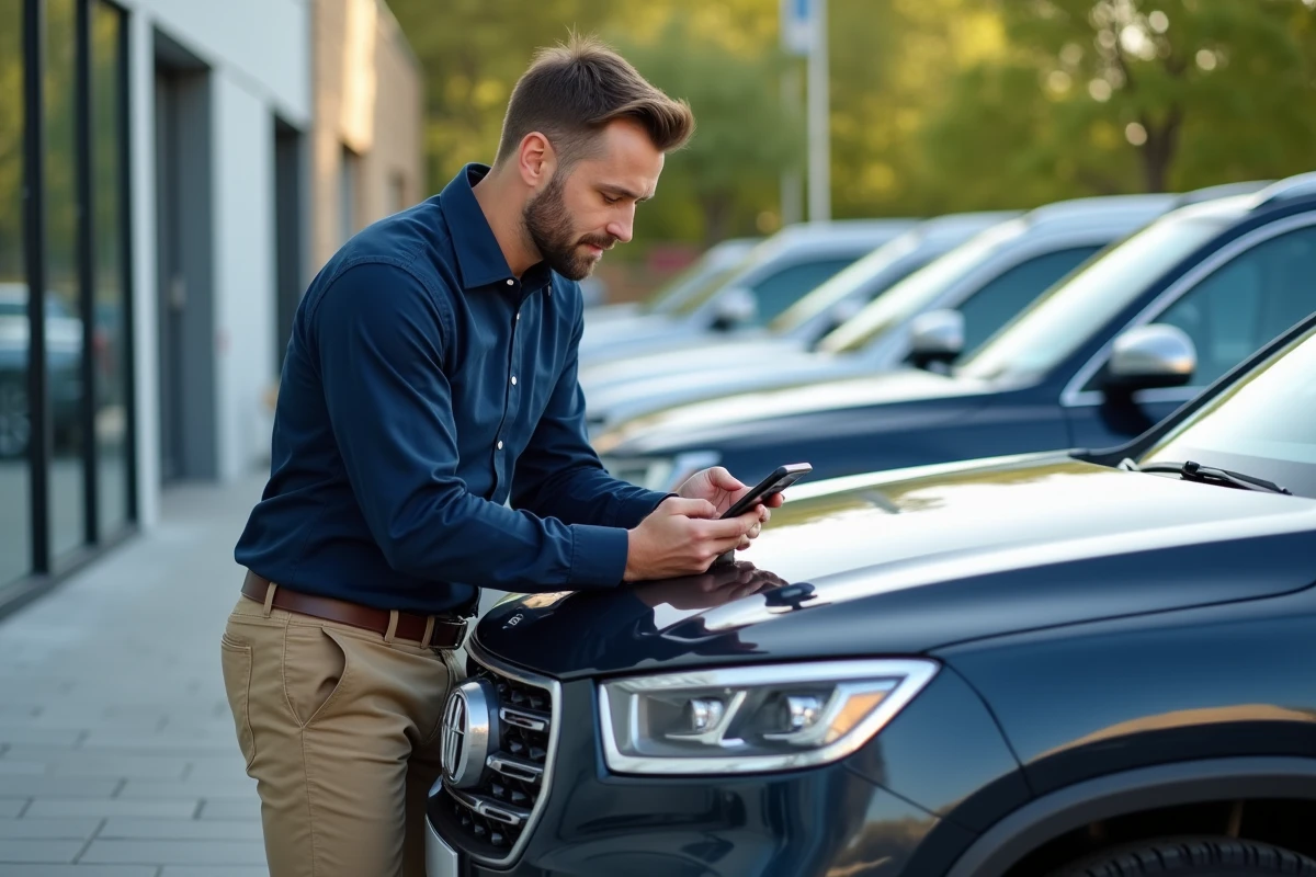 Homme en tenue smartcasual compare spécifications moteur voiture