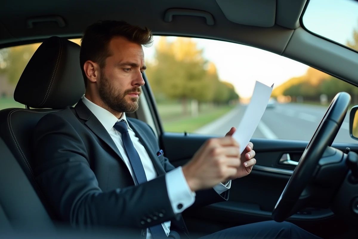 Homme en costume regarde une contravention dans sa voiture