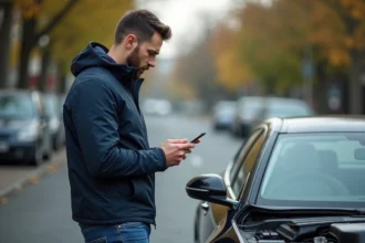 Homme regardant son moteur de voiture en suburbain