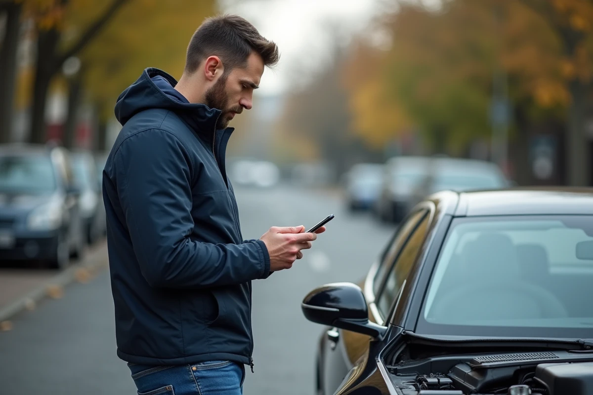 Homme regardant son moteur de voiture en suburbain