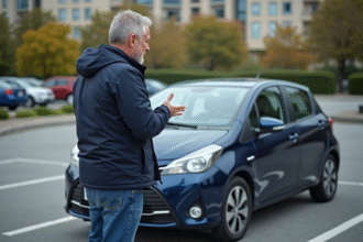 Homme d'âge moyen près d'une voiture en stationnement urbain