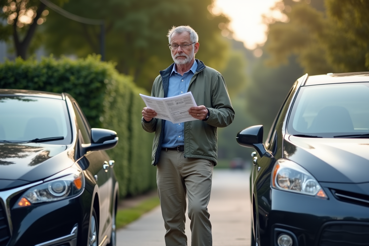Homme d'âge moyen devant deux voitures hybrides en banlieue