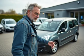 Homme inspectant une Peugeot Partner Tepee d'occasion