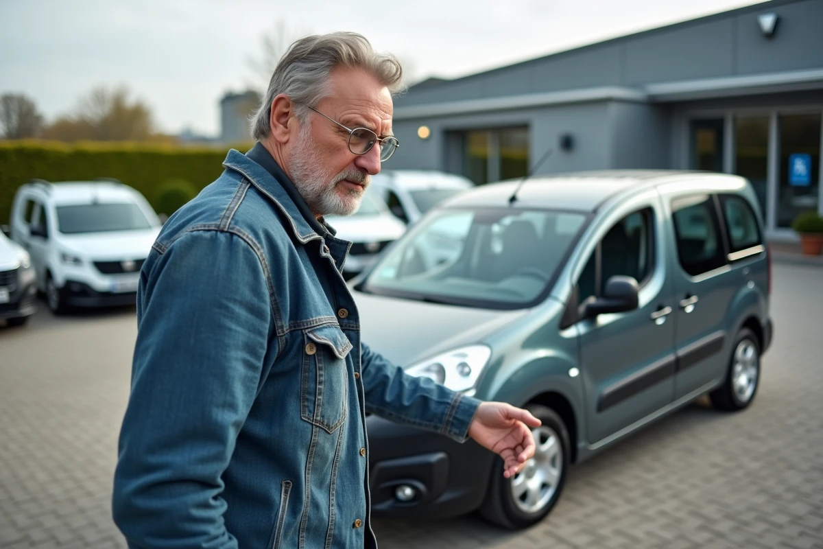Homme inspectant une Peugeot Partner Tepee d'occasion