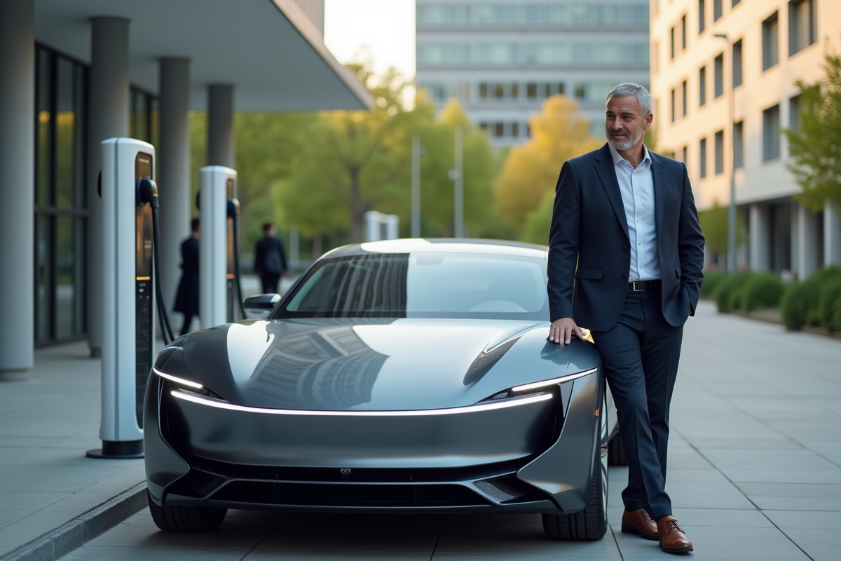 Ingénieur homme devant voiture électrique futuriste en ville