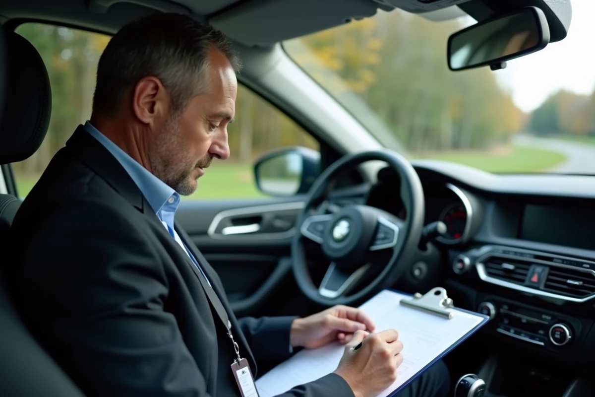 Inspecteur du permis de conduire remplissant la fiche d'évaluation pendant un examen pratique