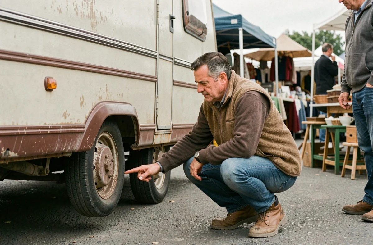Homme inspectant le châssis d'une caravane ancienne lors d'une brocante en plein air