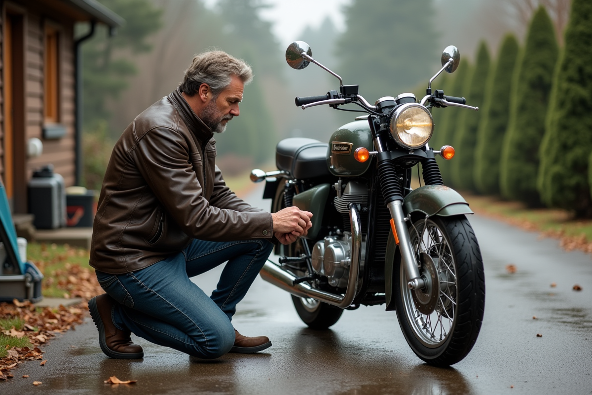 Homme inspectant un compteur de moto ancienne en extérieur