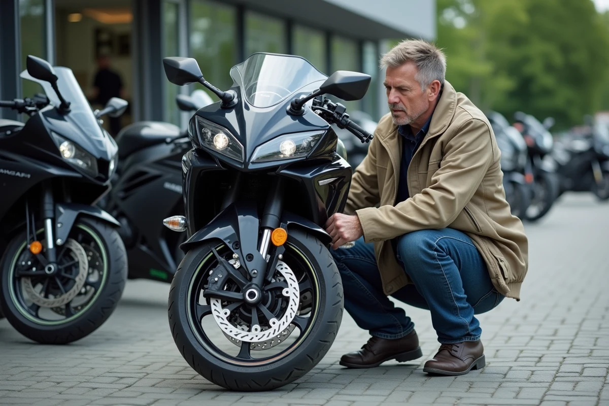 Homme inspectant une moto Kawasaki GTR en extérieur