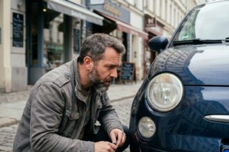 Homme inspectant les optiques avant d'une citadine d'occasion dans une rue urbaine